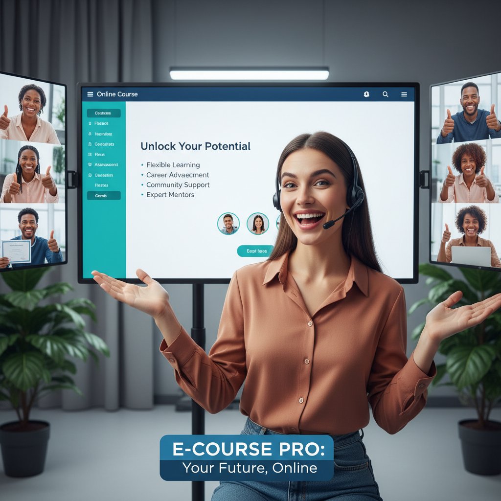 Instruktor prezentujący zalety kursu online, zadowoleni uczestnicy i widoczny interfejs platformy