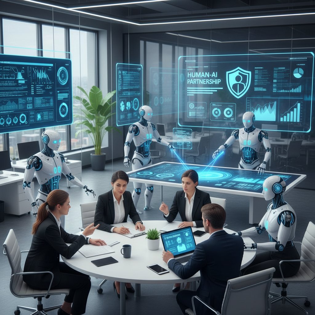 Zespół agentów ubezpieczeniowych i botów AI pracujący razem przy komputerach