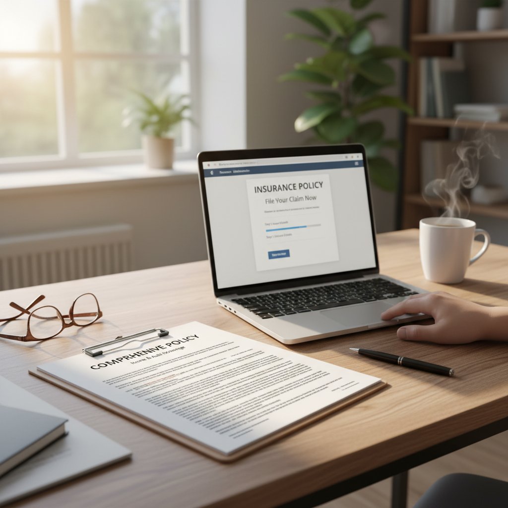 Polisa ubezpieczeniowa na biurku, komputer i notatki, ilustrujące proces zgłaszania szkody online