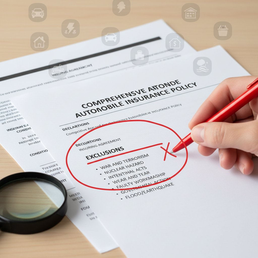 Close-up of comprehensive insurance policy with exclusions highlighted