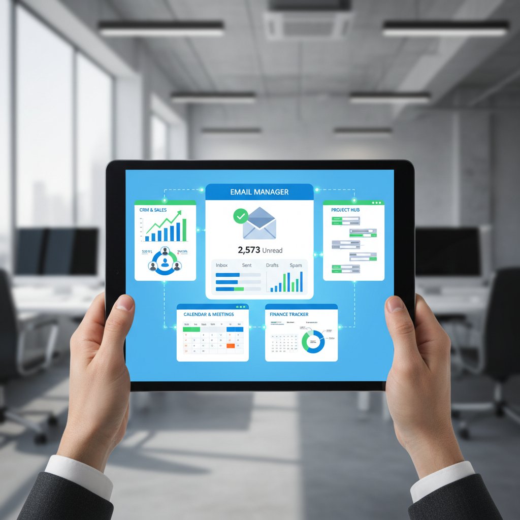 Zdjęcie monitora z widokiem wielu połączonych aplikacji biznesowych i emaili