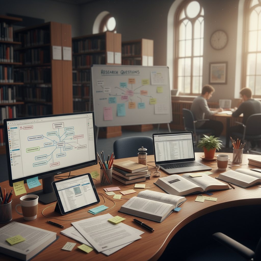 Flowchart-style photo showing a connected research workflow: student at laptop surrounded by research tools, papers, and tablet