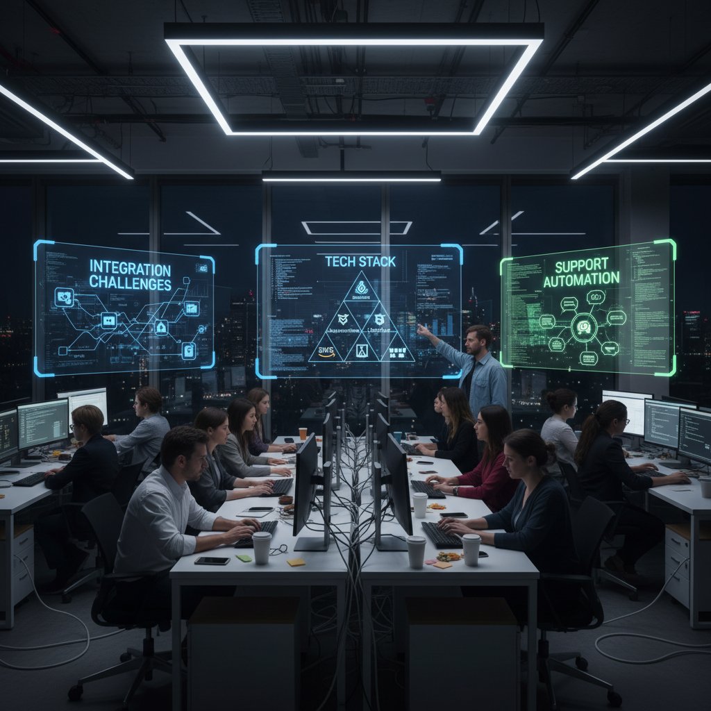 Integration challenges in support automation, tech stack chaos, night-lit office