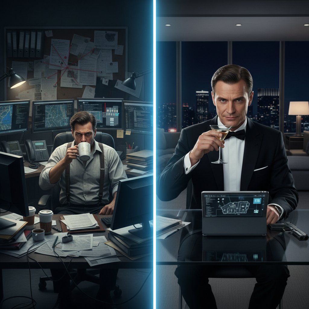 Split scene: real intelligence analyst at cluttered desk vs. glamorous movie spy