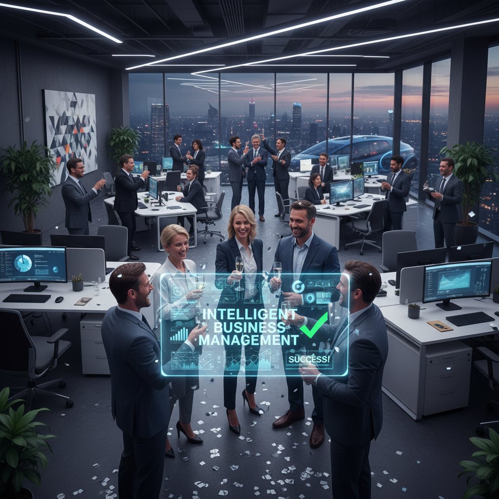 Diverse business team celebrating after successful AI project, genuine emotions, modern office