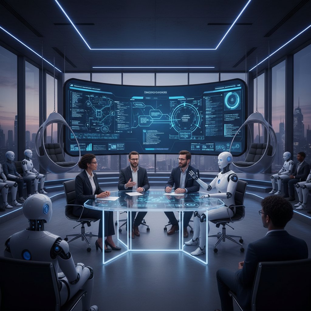 Inteligentny panel dyskusyjny: ludzie i AI prowadzą filozoficzną rozmowę w nowoczesnym wnętrzu edukacyjnym