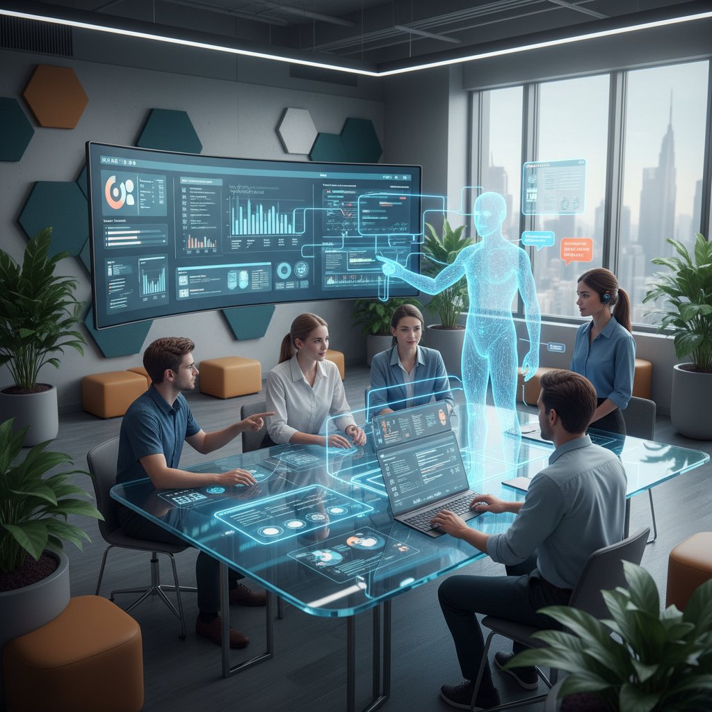 Busy enterprise team collaborating with AI support helper, focused and productive office