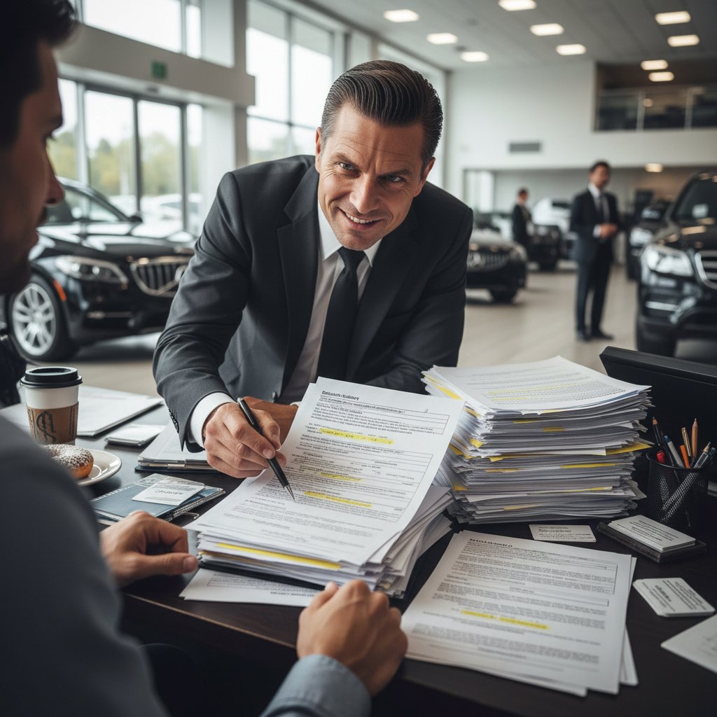 Intense car salesperson handing over paperwork to buyer in a fluorescent-lit office, tense mood