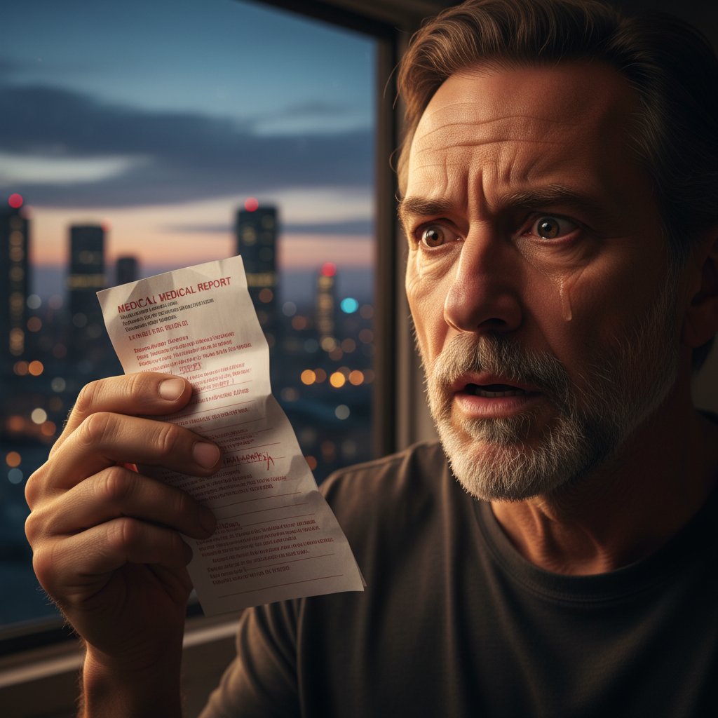 Mężczyzna zaskoczony wynikiem krzywej cukrowej patrzy przez okno na miasto