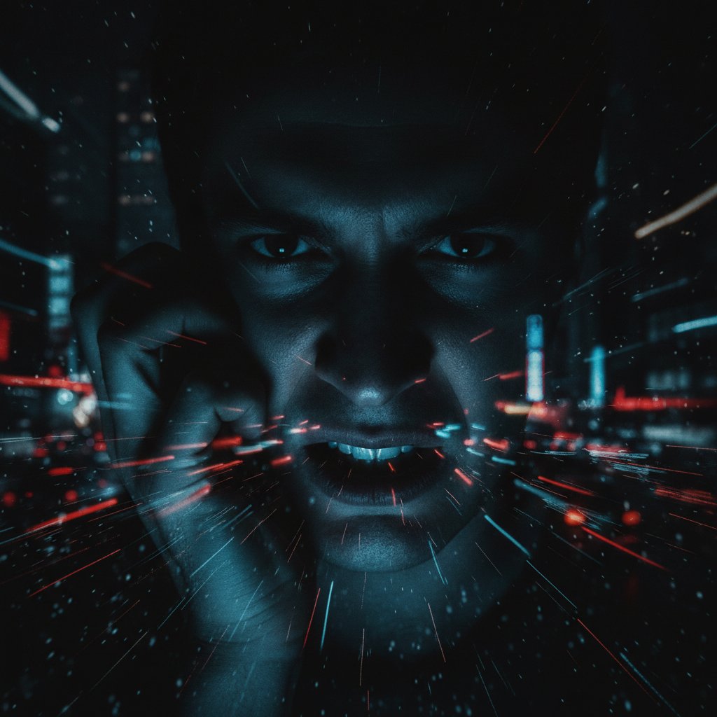 Osoba szepcząca groźbę w cieniu nocnego miasta, intensywny wyraz oczu, psychologiczne napięcie, groźby