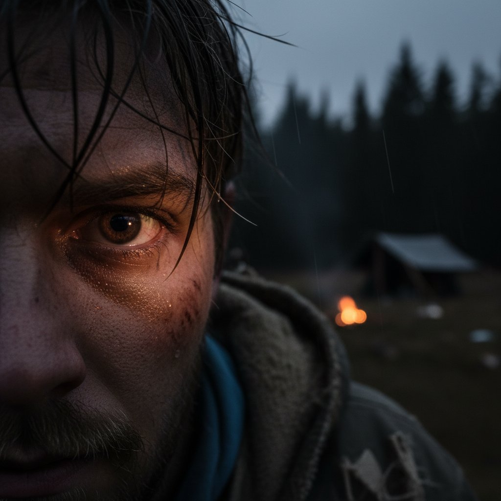 Intense viewer watching a survival movie at night, reflected in a wide, anxious eye