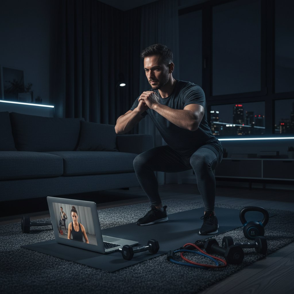 Osoba ćwicząca w domu nocą przy laptopie, światło ekranu, surowa rzeczywistość treningu online