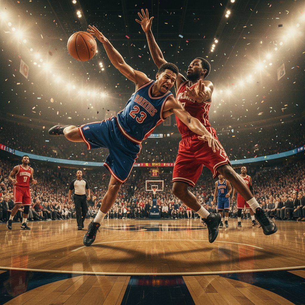 Intense sports scene with players in motion, capturing sweat, determination, and competitive energy in a dramatic photo