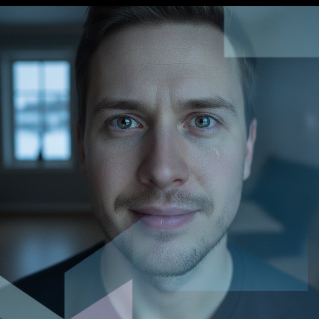 Intense viewer’s face, transfixed by the screen in Nordic light, emotional expression