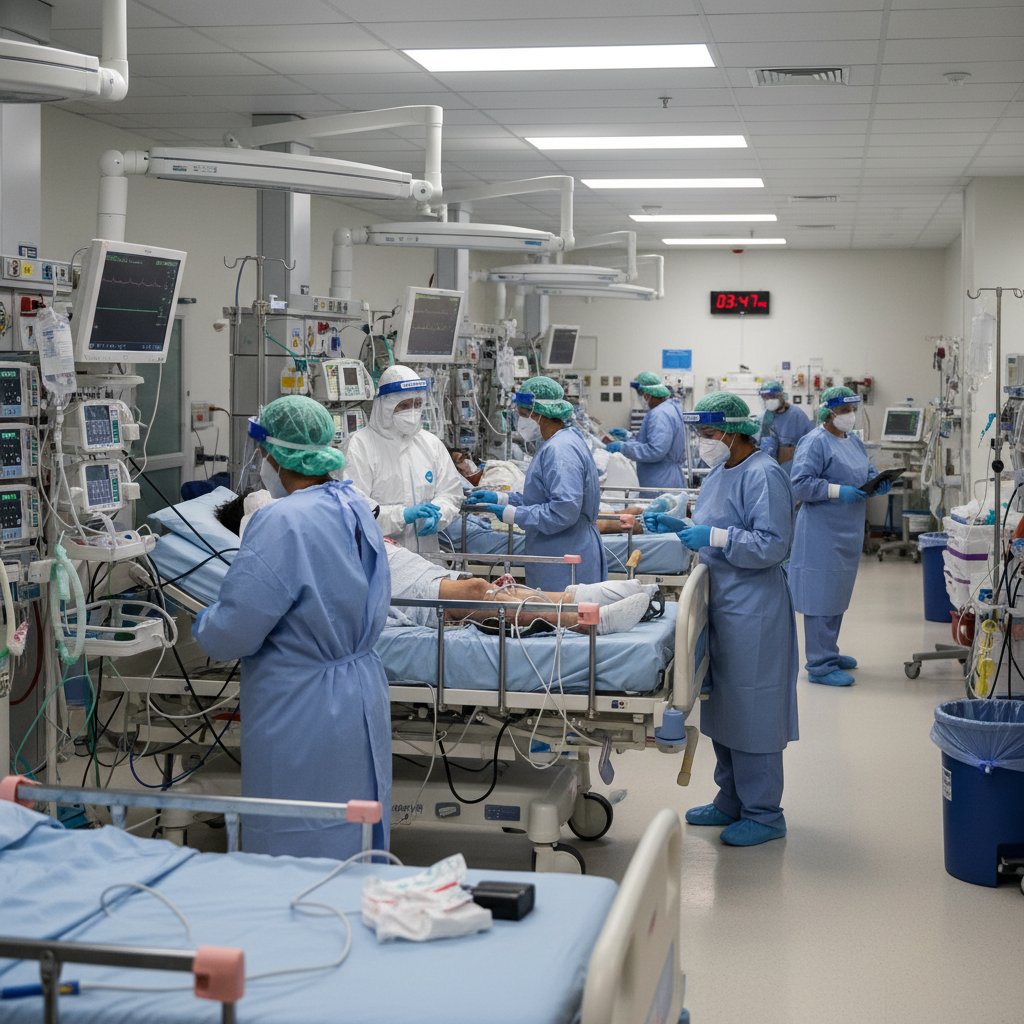 Fotografia oddziału intensywnej terapii podczas pandemii, ukazująca personel medyczny i pacjentów