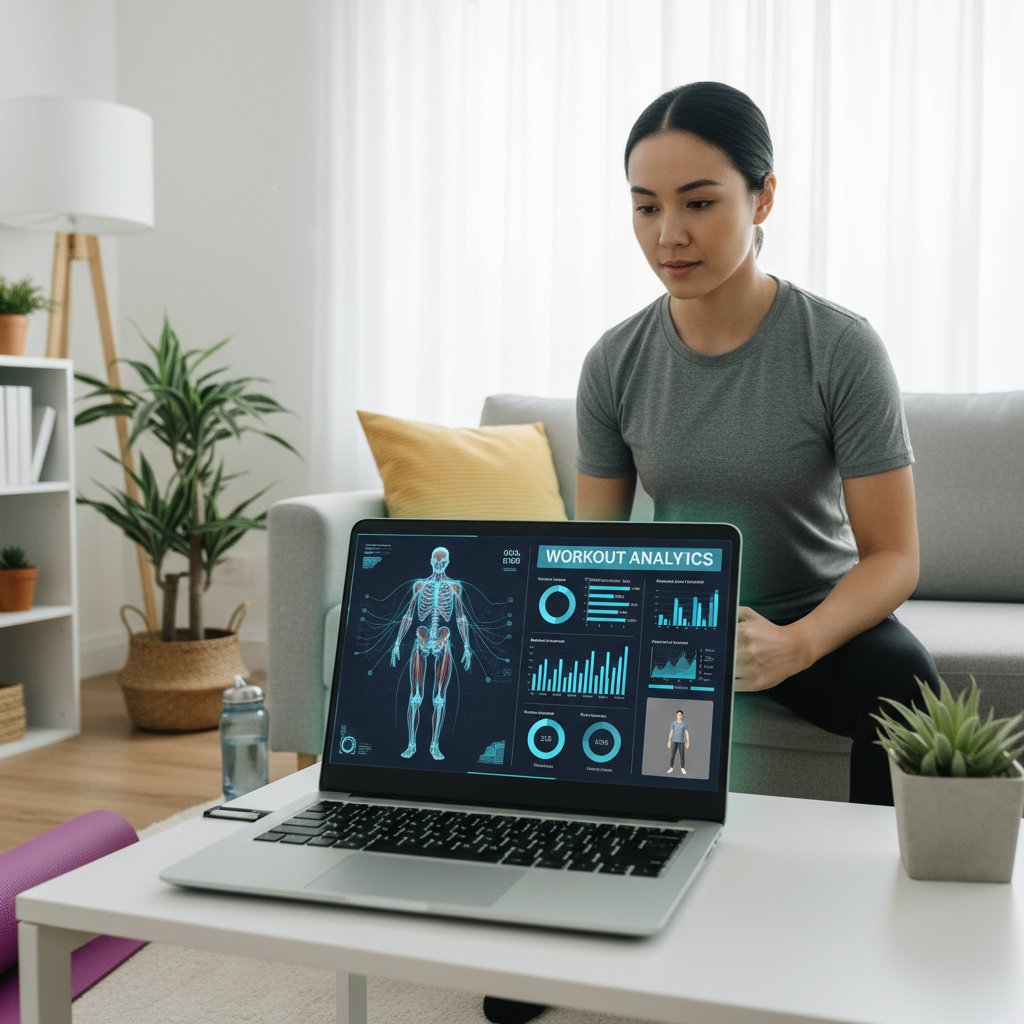 Interaktywna platforma AI na ekranie laptopa podczas domowego treningu, użytkownik analizuje wyniki