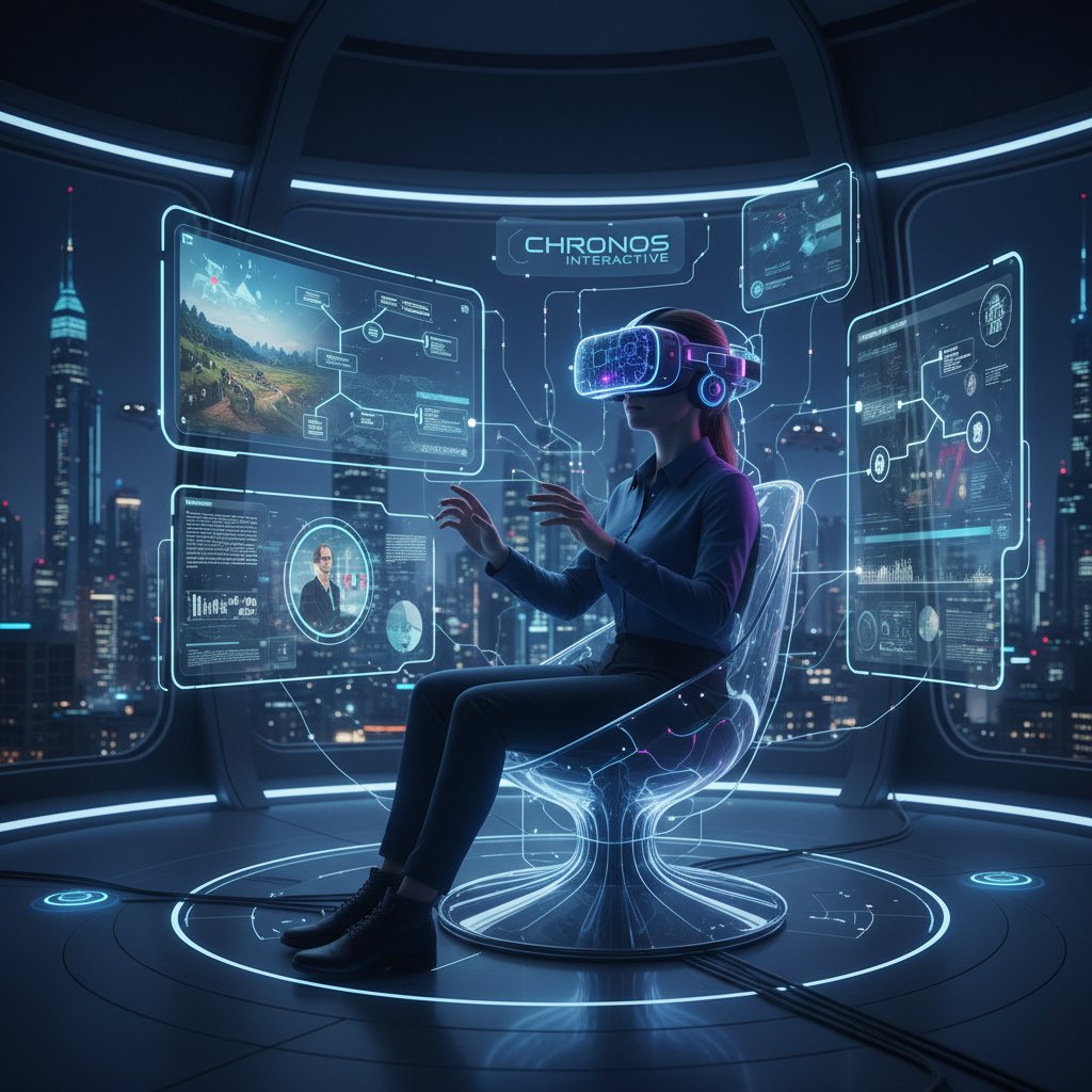 A person wearing VR headset, immersed in interactive documentary movie experience, futuristic vibe
