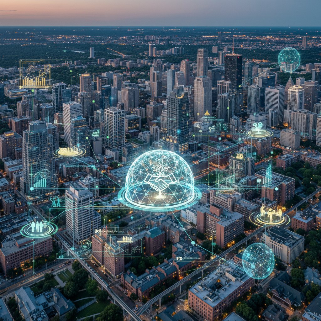 Urban landscape overlaid with digital connections, symbolizing societal impact of academic collaboration