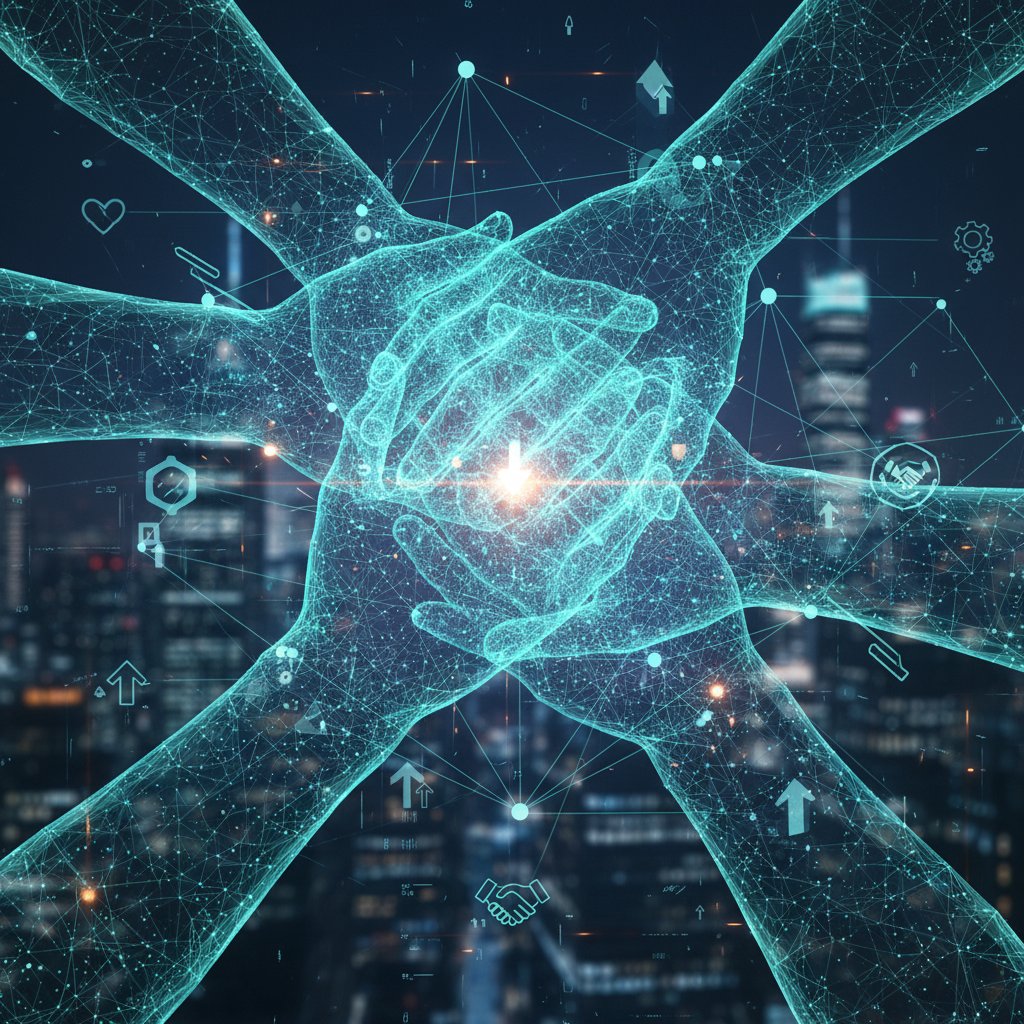 Diverse hands united over digital network, symbolizing collaboration and technology support