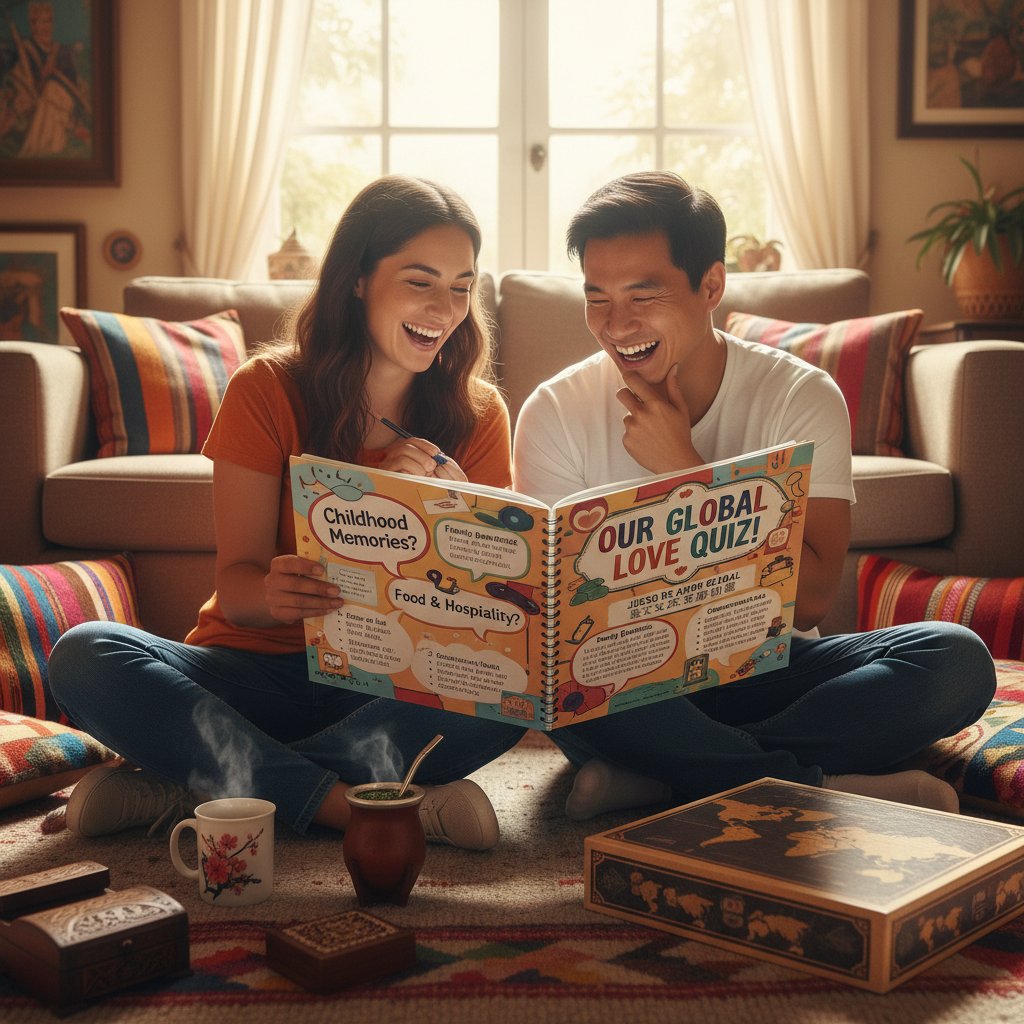 Couple from different cultural backgrounds sitting back to back, separated by quiz question cards, symbolizing cultural bias in relationship quizzes