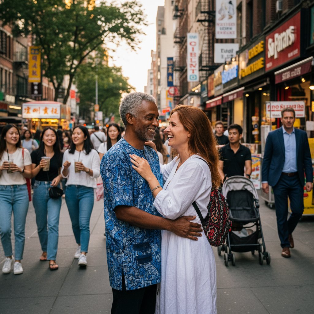 Para różniąca się wiekiem lub kulturą spacerująca po ulicy, symbolizująca różnorodność zakochania