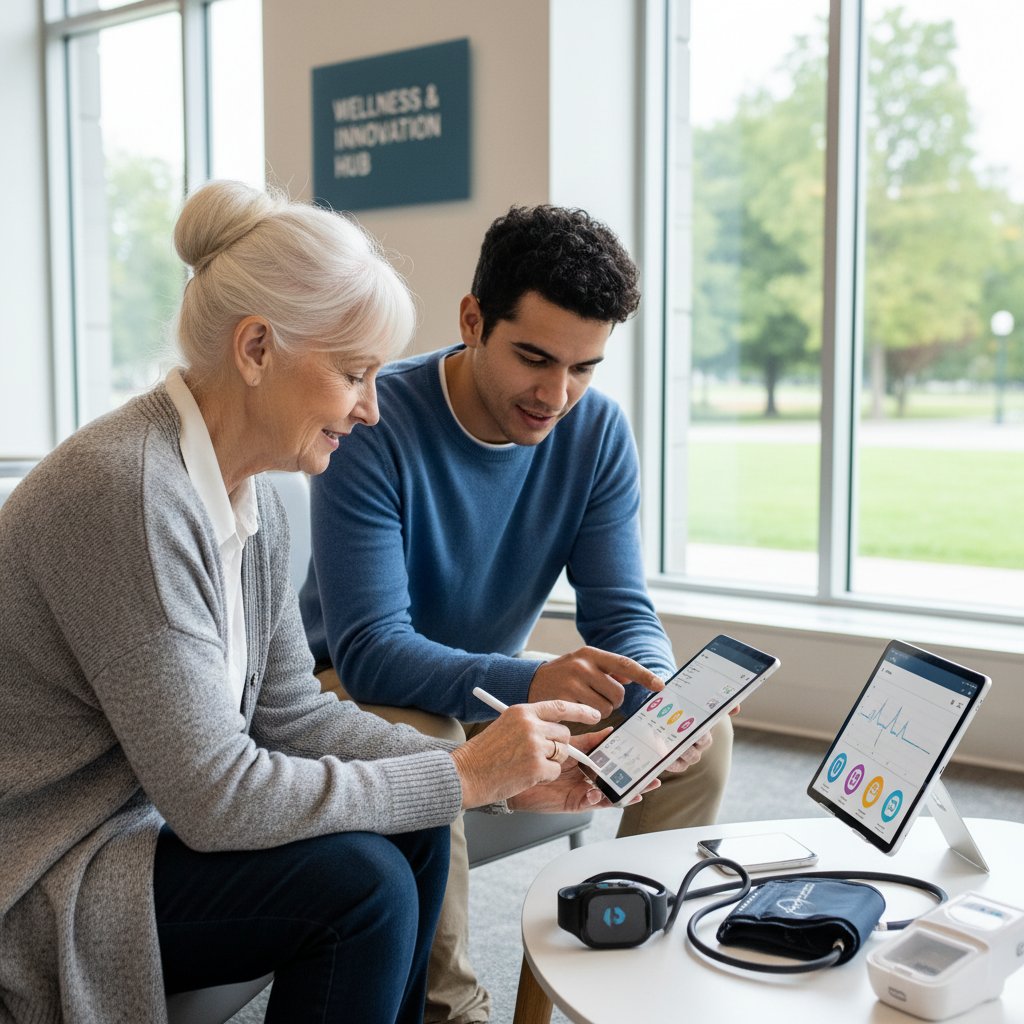 Osoba starsza rozmawiająca z młodszą przy komputerze, wsparcie cyfrowe w służbie zdrowia, generacje razem