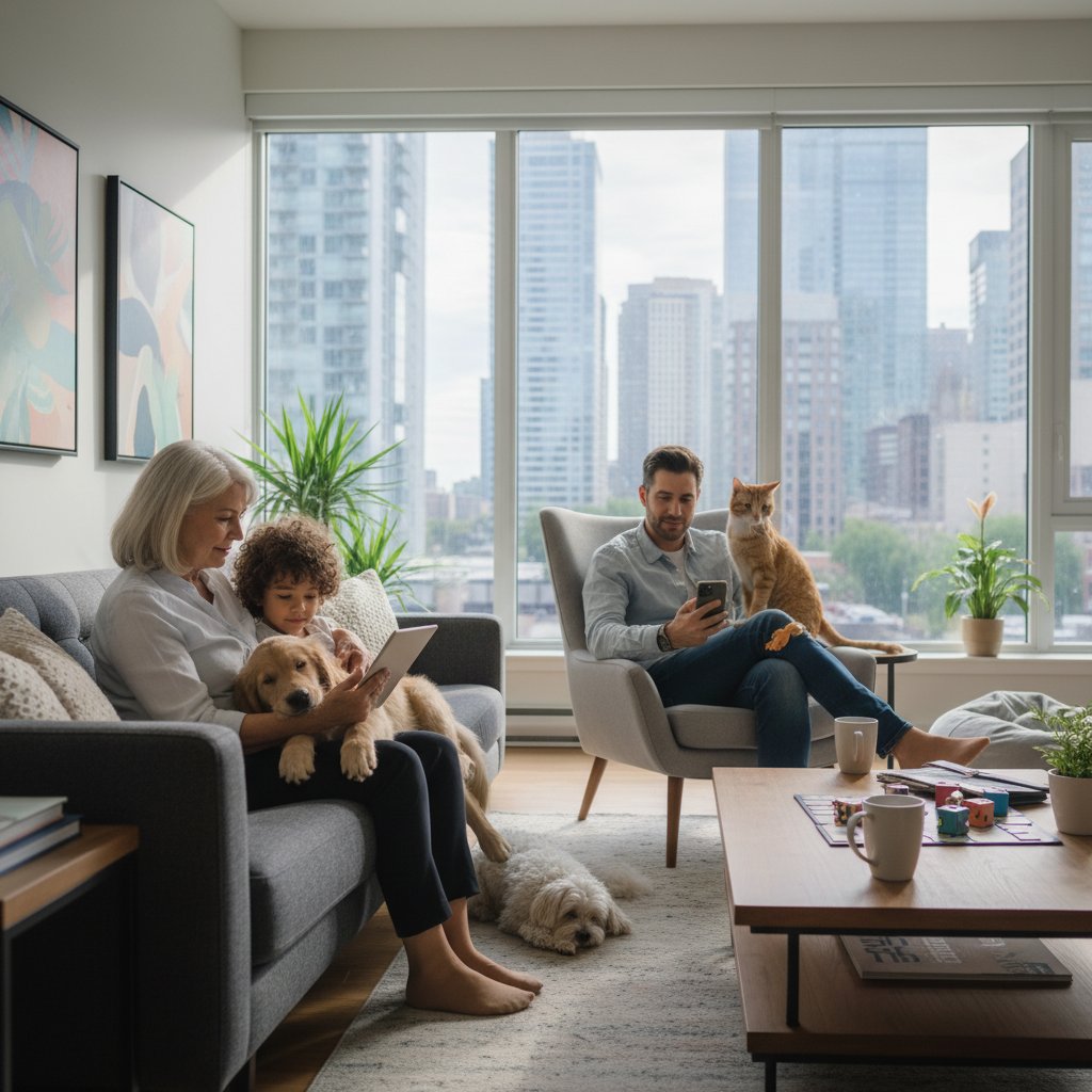 Polska rodzina korzystająca z porad weterynaryjnych online, kilka pokoleń z urządzeniami mobilnymi