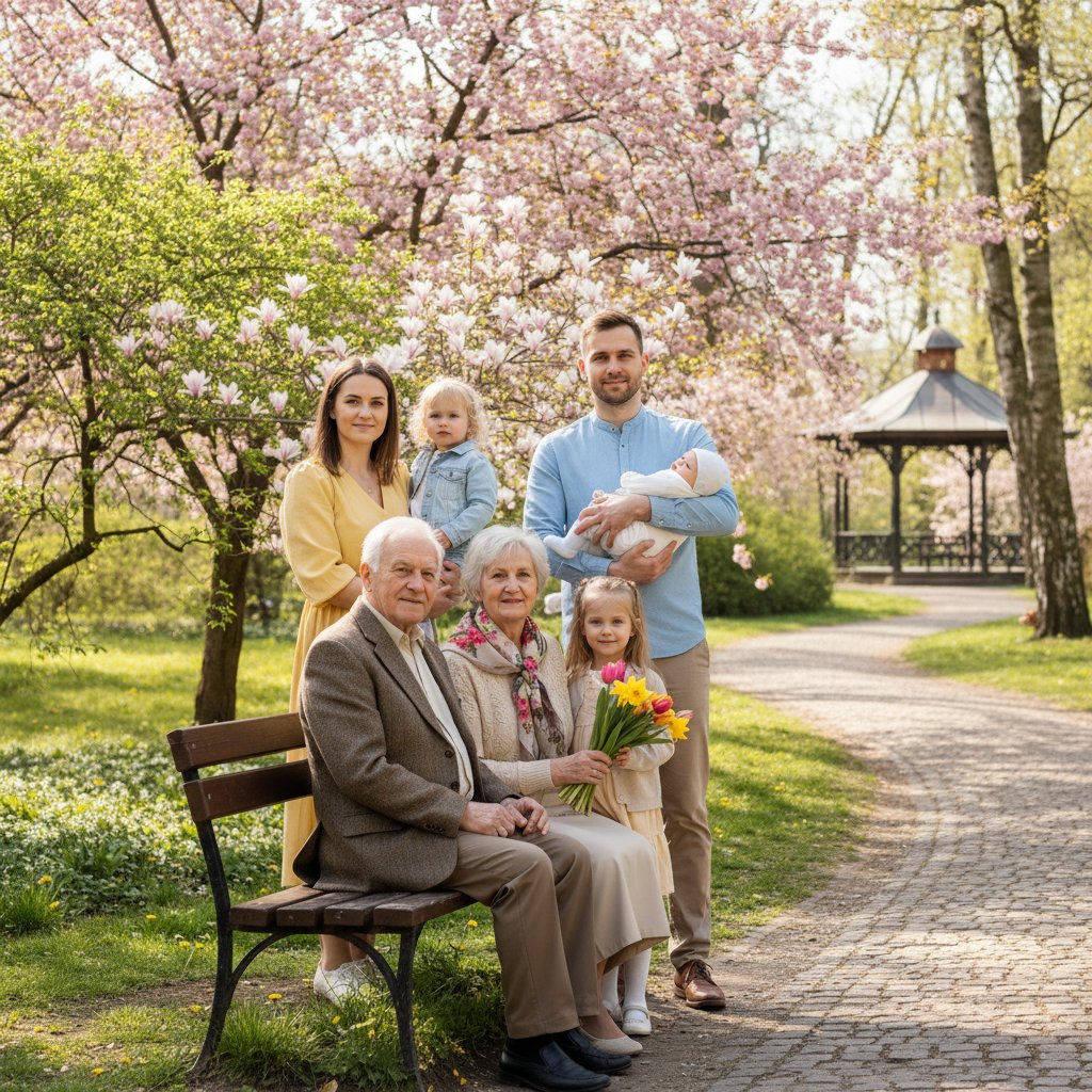 Wielopokoleniowy portret rodzinny w parku wiosną, pozytywna atmosfera – rodzina zastępcza Polska
