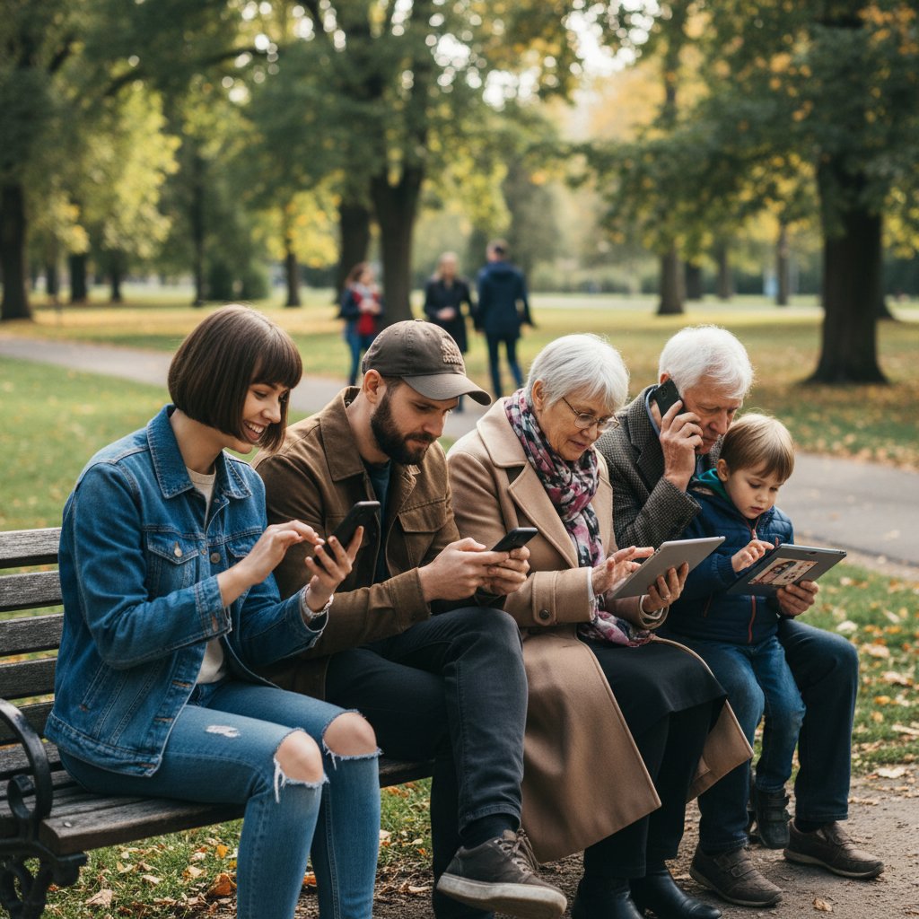 Różne pokolenia poznają się przez aplikacje internetowe – międzypokoleniowa grupa na ławce w parku, smartfony w rękach