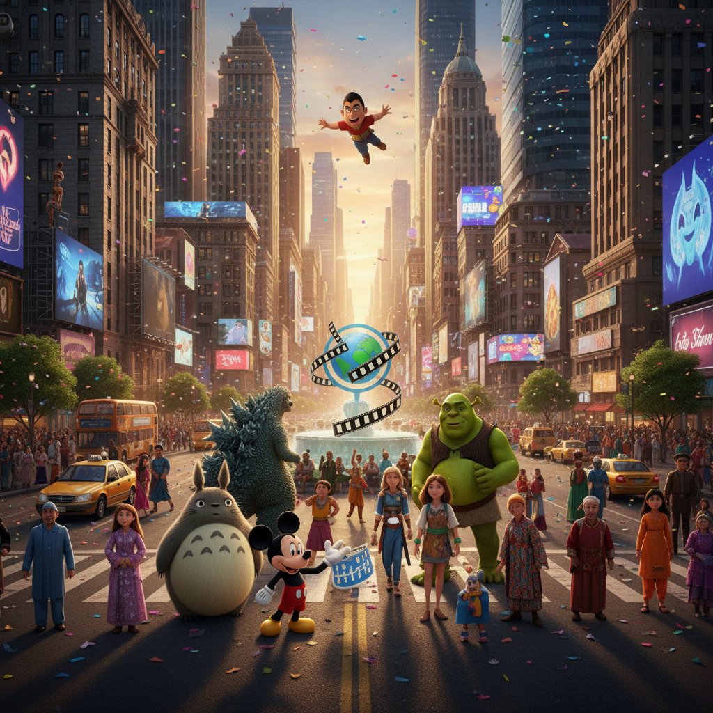 International animated film characters in vibrant urban setting, representing global diversity
