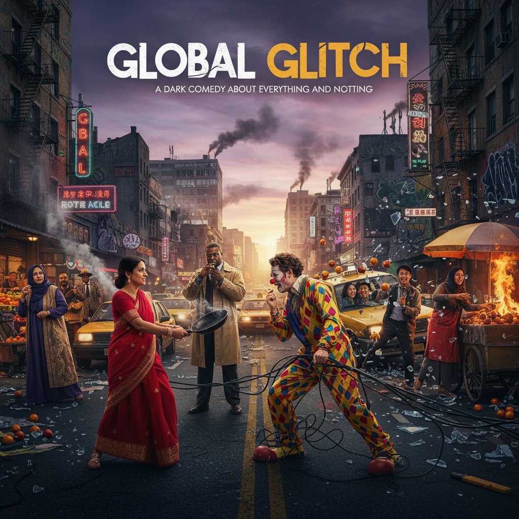 International black comedy movie scene: diverse cast, chaotic urban setting