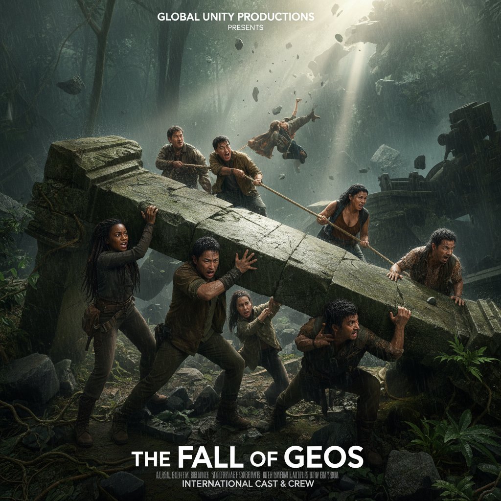 Diverse international cast collaborating in dramatic movie, global group effort movies