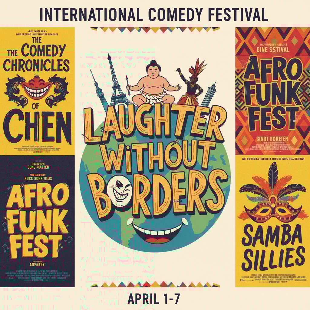 Montage of international comedy movie posters, cultural diversity, playful typography
