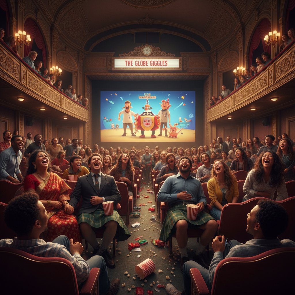 Scene from an international comedy movie screening, diverse audience laughing