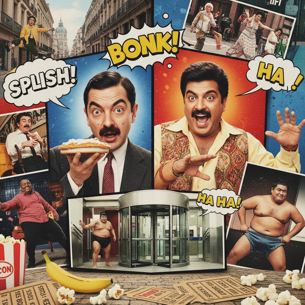 Collage of international comedic film scenes lowbrow comedy cinema