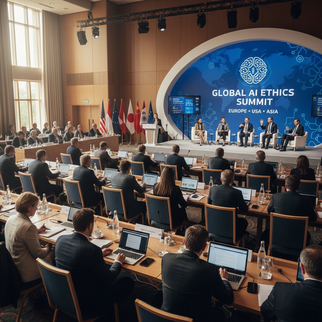 Międzynarodowa konferencja nt. etyki AI, delegaci z Europy, USA i Azji dyskutują przy stole, flagi różnych krajów
