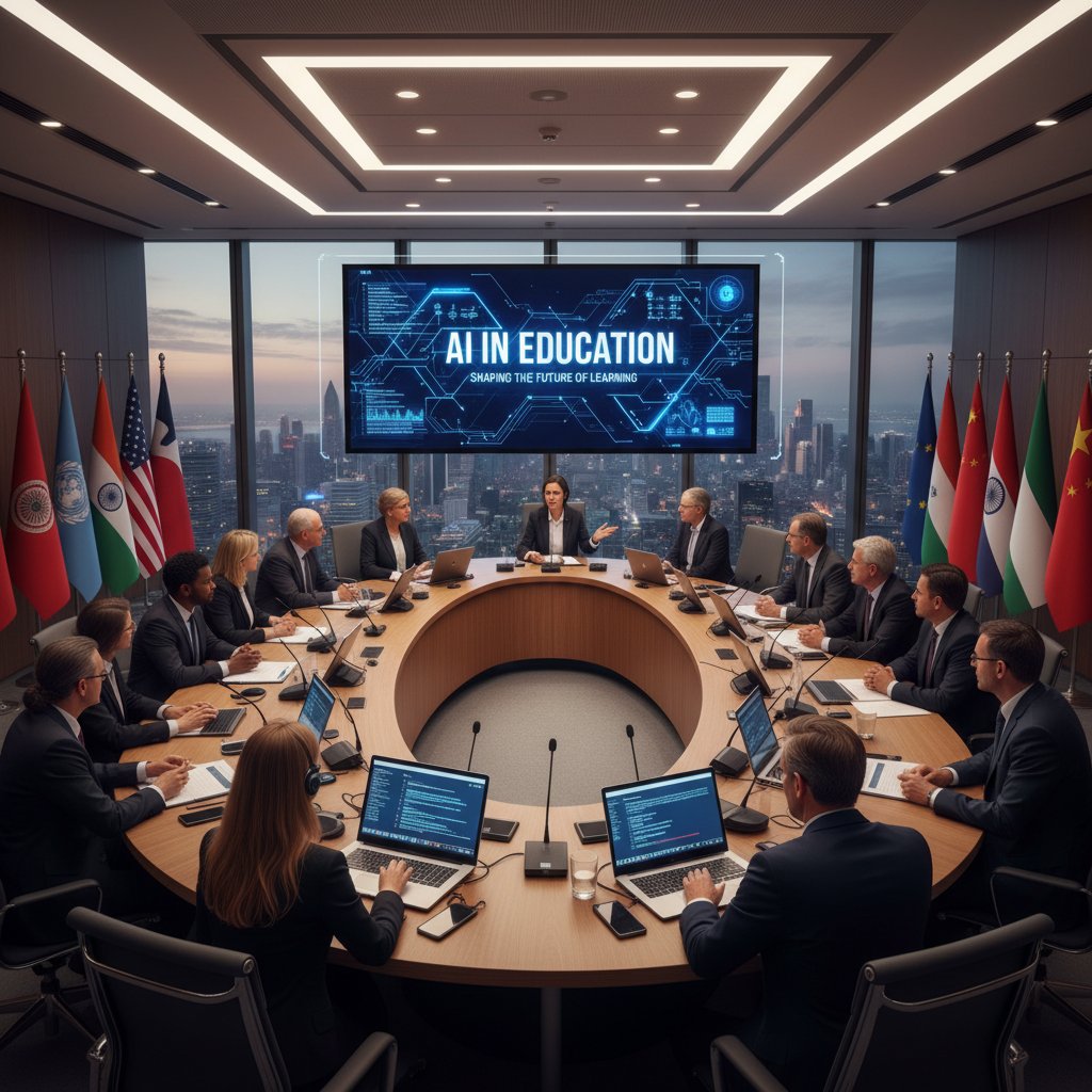 Międzynarodowa sala konferencyjna z ekspertami edukacji rozmawiającymi o AI