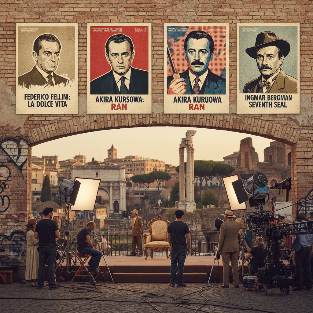 Energetic montage of international directors with iconic Italian movie posters in the background