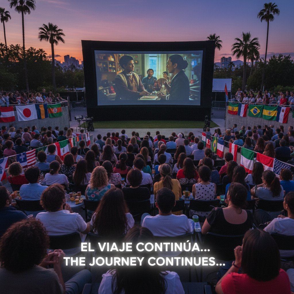 Diverse crowd watching world film with subtitles at festival, international festival audience