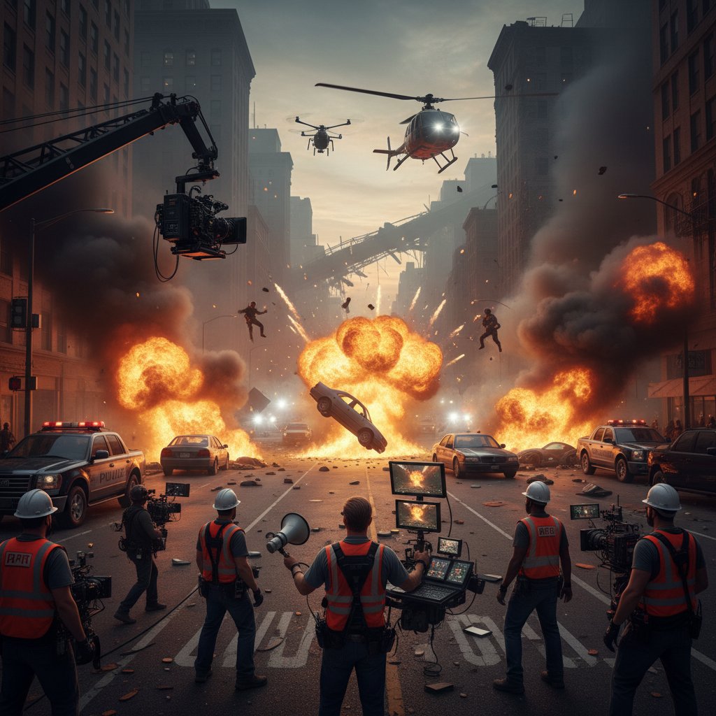 International film crew shooting an action sequence inspired by michael bay, city street, pyrotechnics, multicultural cast