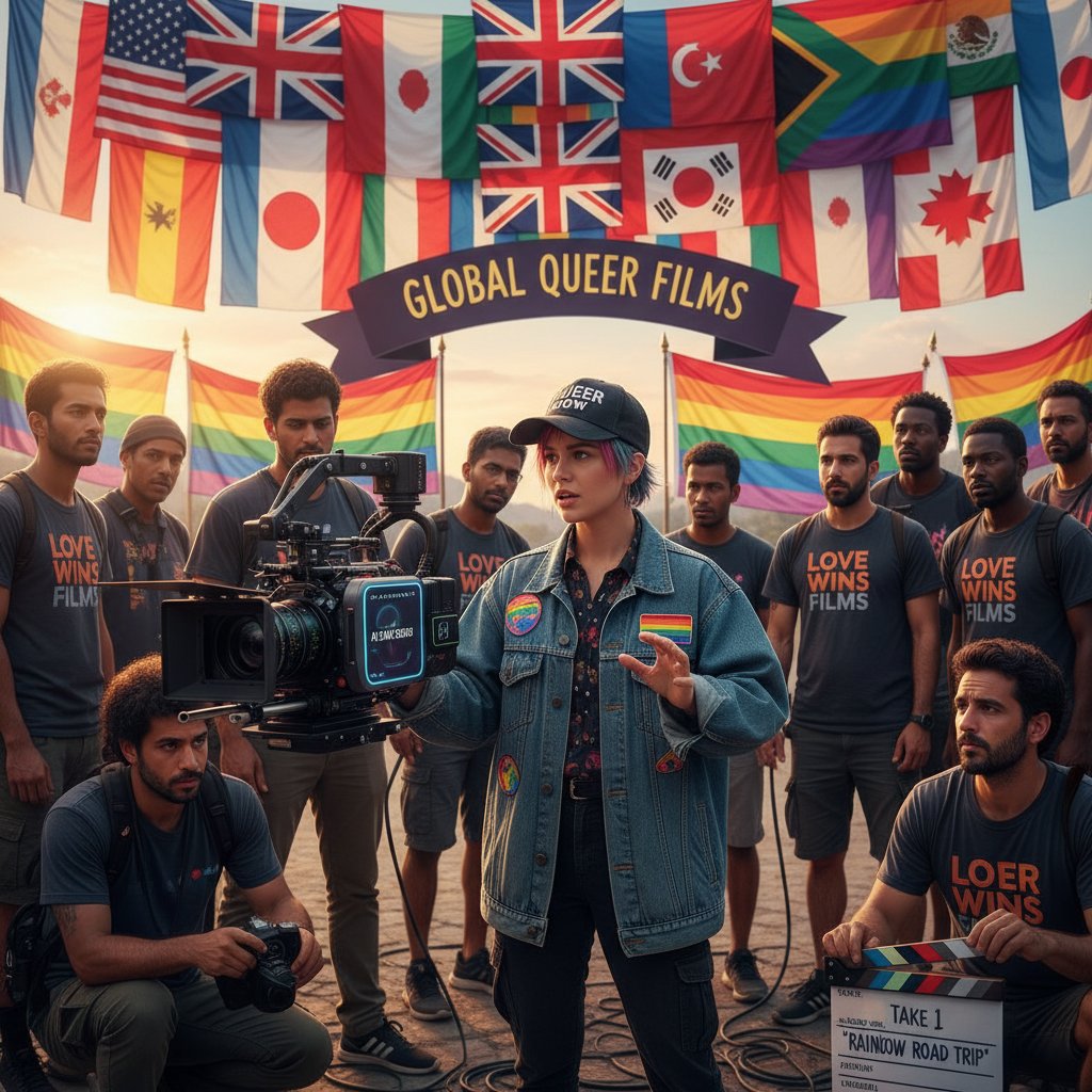 Photo: International film crew on set, young director with AI-powered camera equipment, flags from different countries