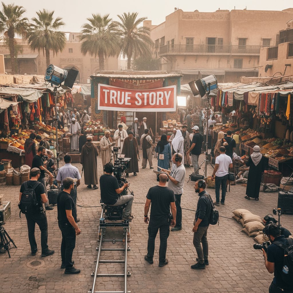 International film crew shooting a true story scene in a bustling market, reflecting global diversity in movie true story cinema