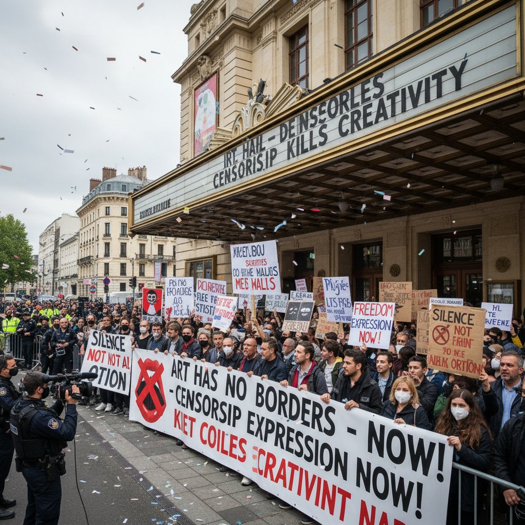 International film festival with censorship protest banners, showing passionate crowds and filmmakers advocating for creative freedoms at a world cinema event