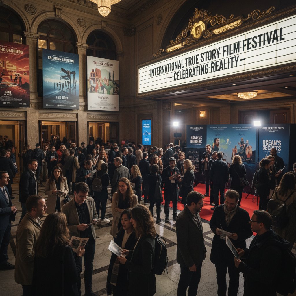 International film festival scene, diverse audience watching global true story movies