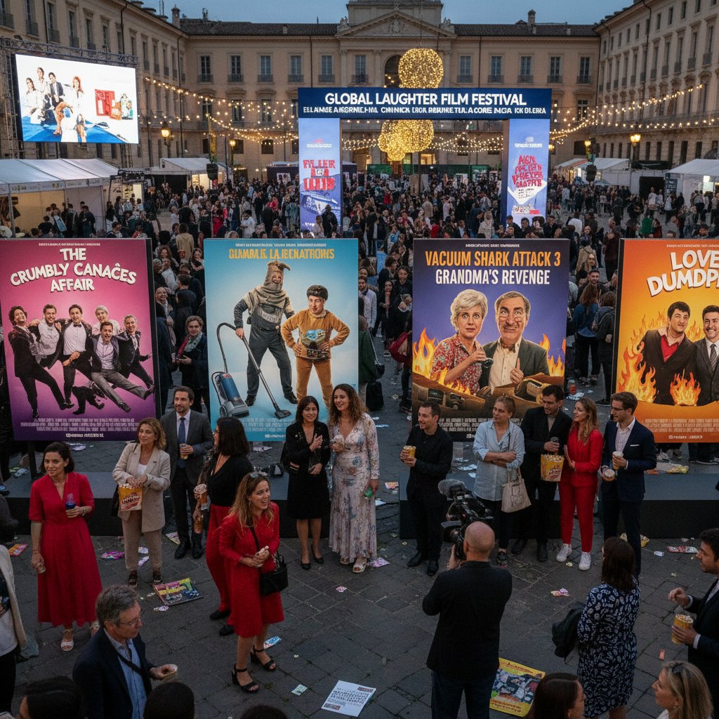 International festival crowd with comedy posters featuring awkward, surreal imagery