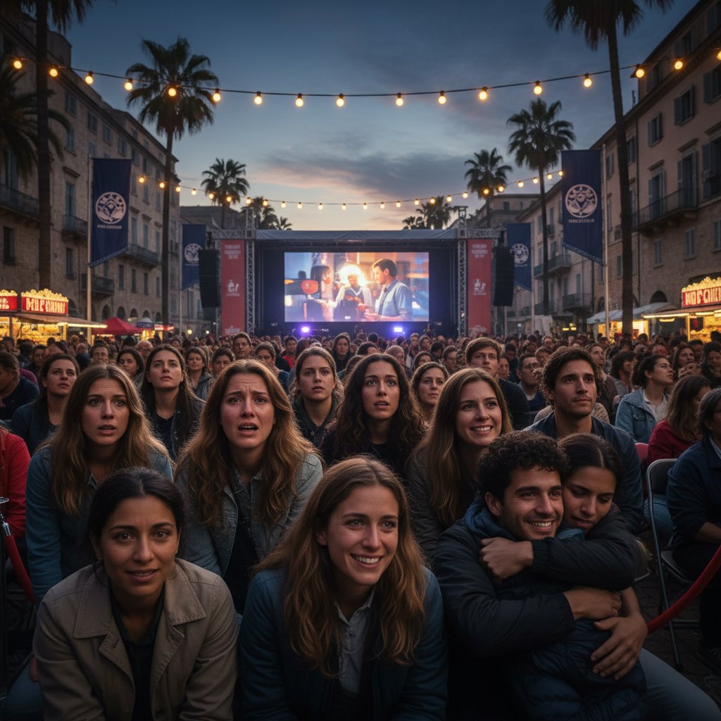 Vibrant festival audience watching a foreign film, dusk, emotional faces