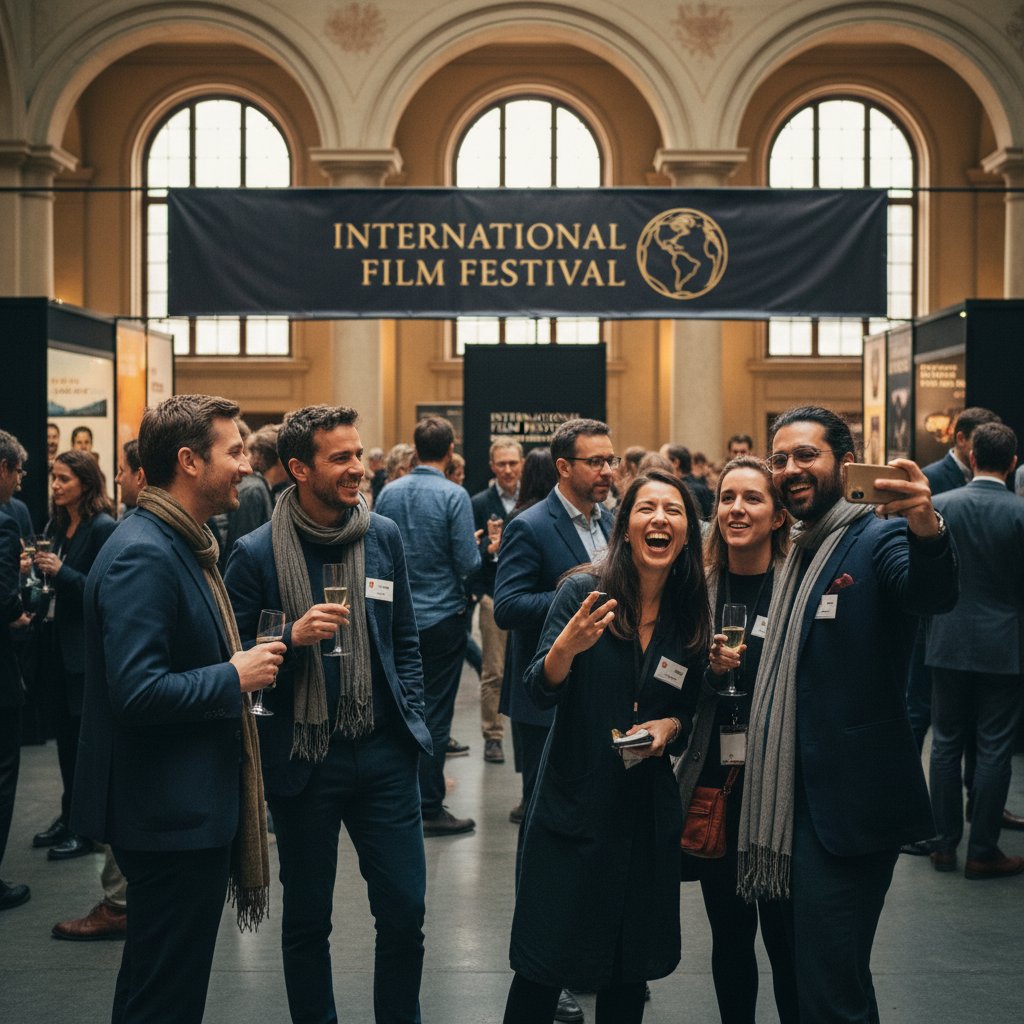 Backstage candid at international film festival, filmmakers networking, documentary style