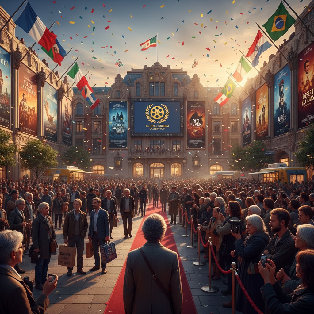 Moviegoers at an international film festival, flags and posters, lively crowd