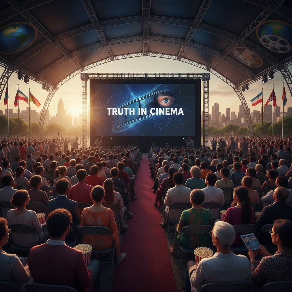 International film festival audience, multiple cultures represented, discussing truth in global cinema