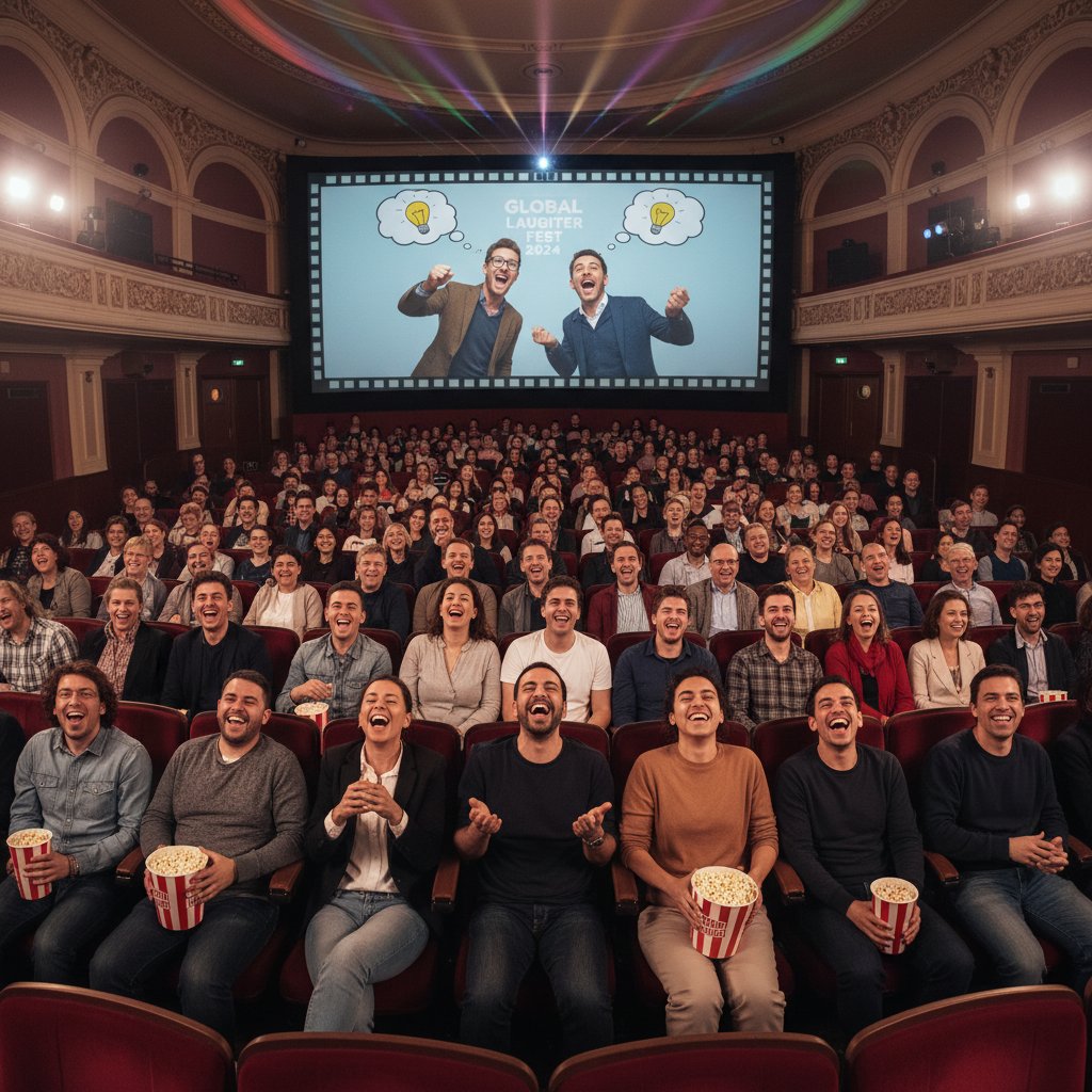Festival crowd from diverse backgrounds reacting to a foreign-language comedy film. International comedy, film festival, mixed reactions